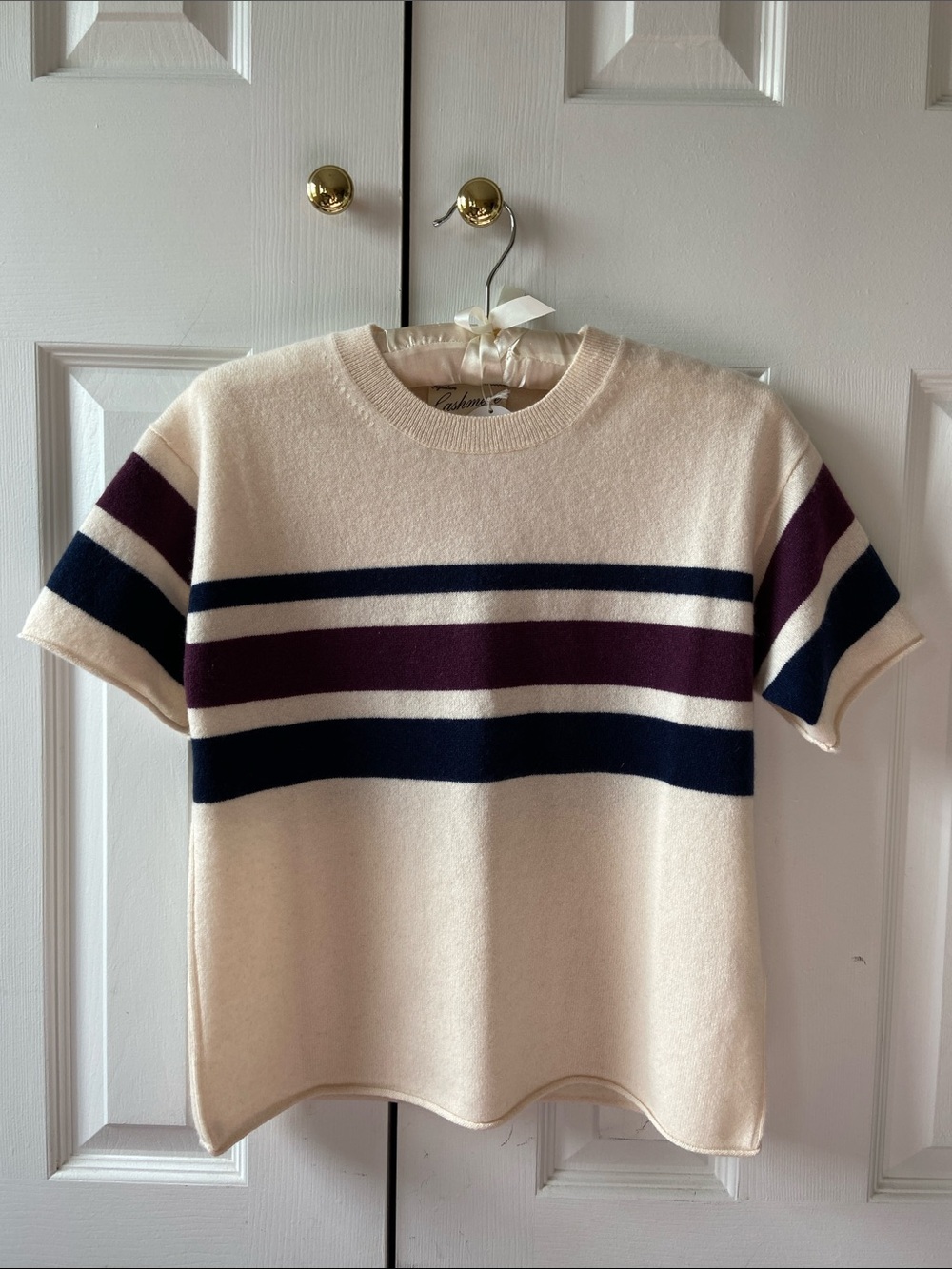 J. Crew Relaxed Cashmere Sweater Tee, Placed Stripe, Ivory/Maroon/Navy, XS, NEW